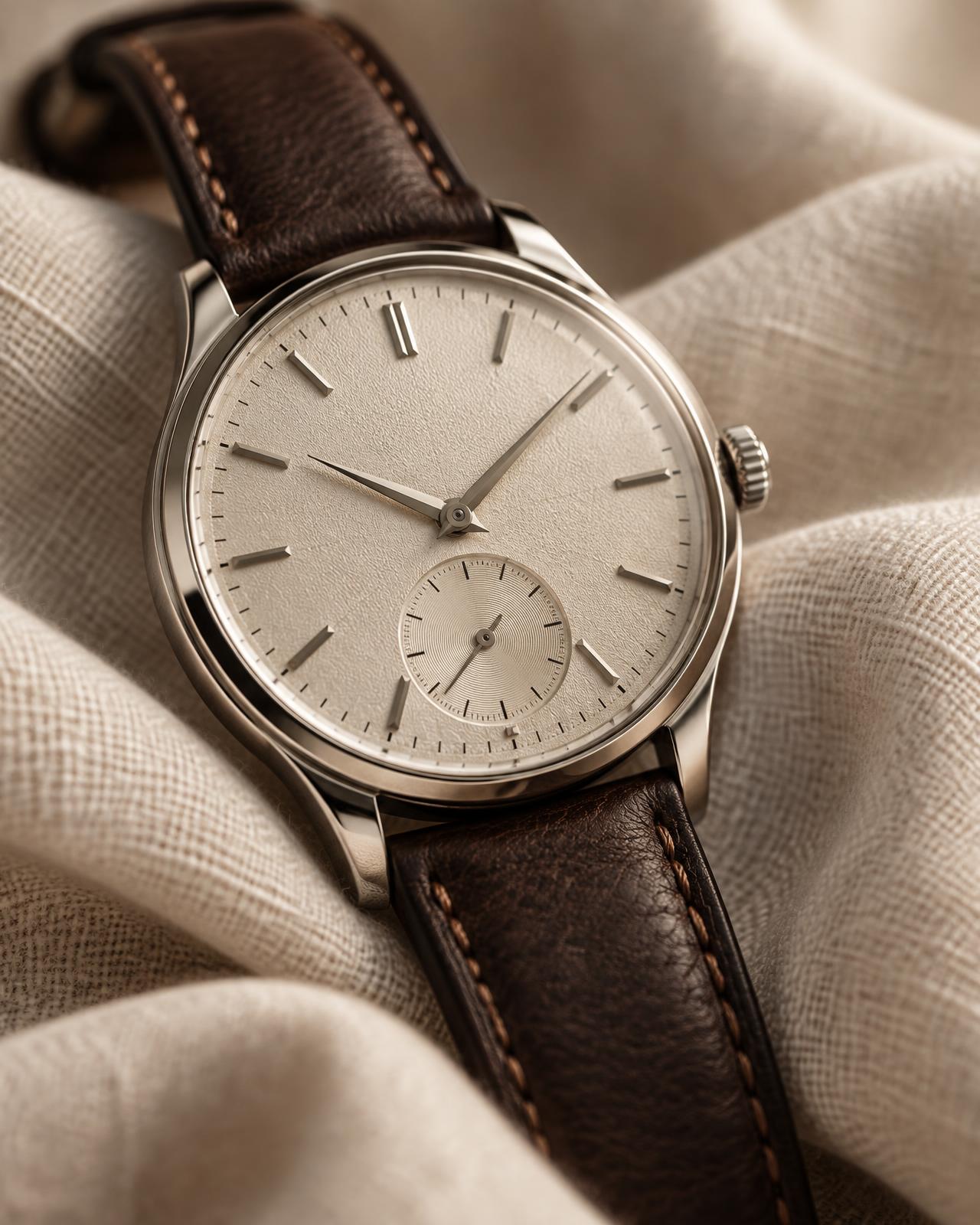 A heritage mechanical wristwatch resting on ivory linen